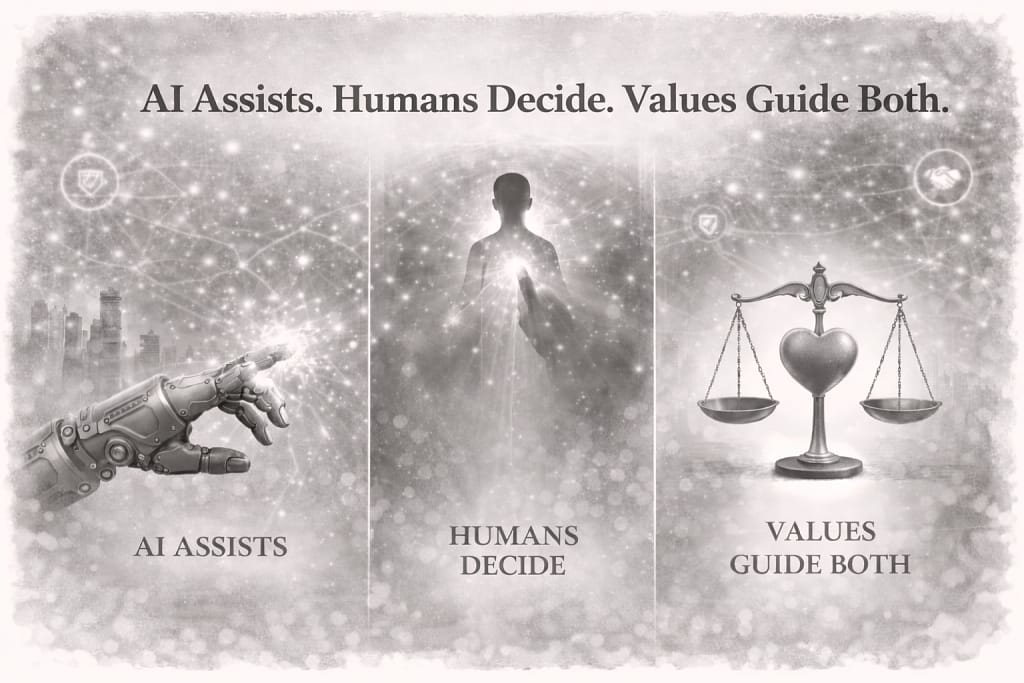 AI Assists. Humans Decide. Values Guide Both. Humans in the Loop